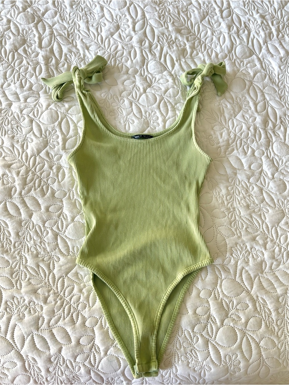 SHEIN Lime Green Ribbed Tie Shoulder Bodysuit